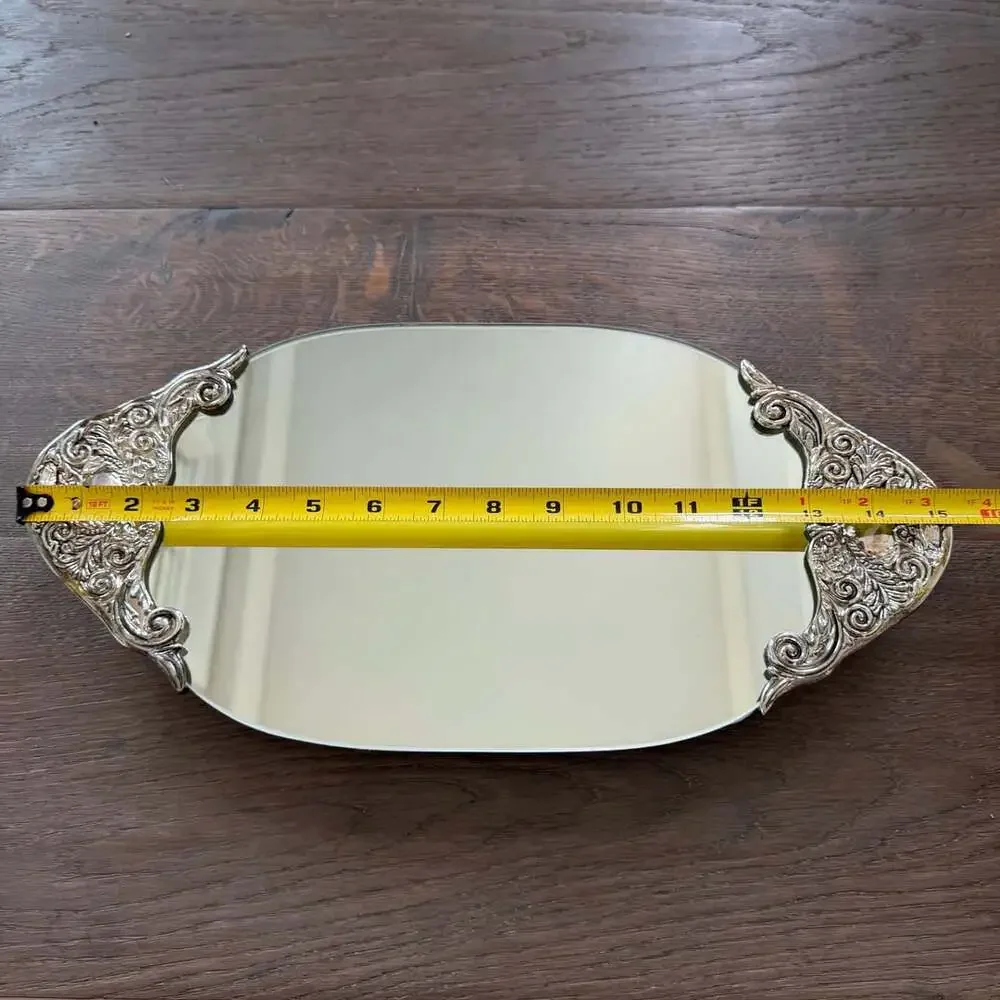 Godinger Silver Oval Vanity Mirror Tray Ornate Scroll Metal Handles & Feet